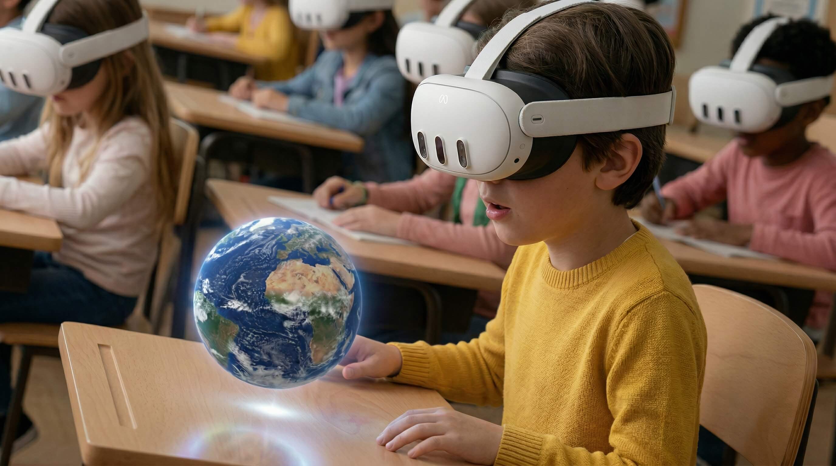 Estudiantes usando visores de realidad virtual en un aula, experimentando aprendizaje inmersivo con PIXLAB 3D